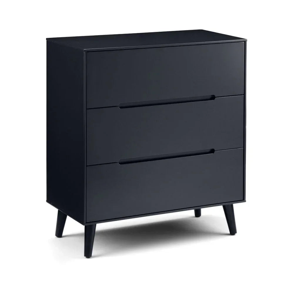 Black chest of drawers with three drawers and angled legs, modern bedroom furniture