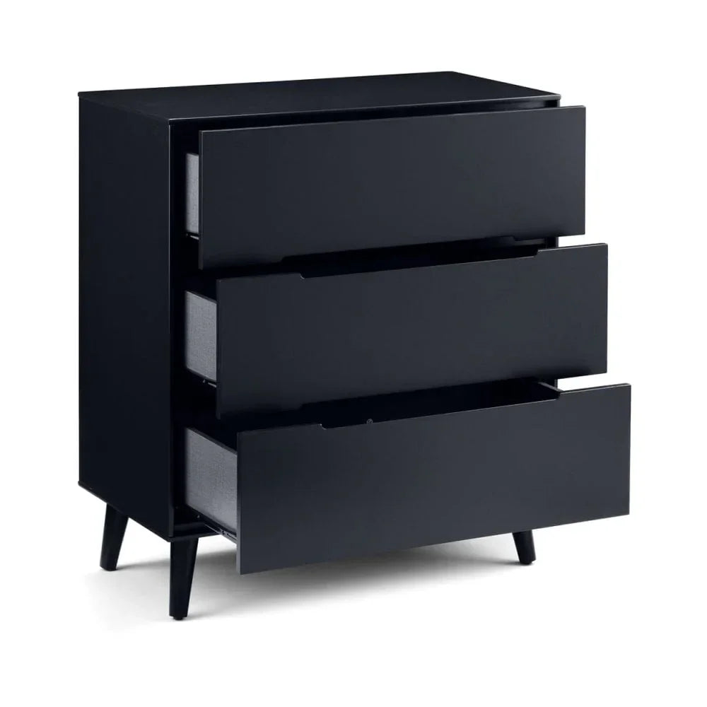 Black chest of drawers with three open drawers and modern angled legs