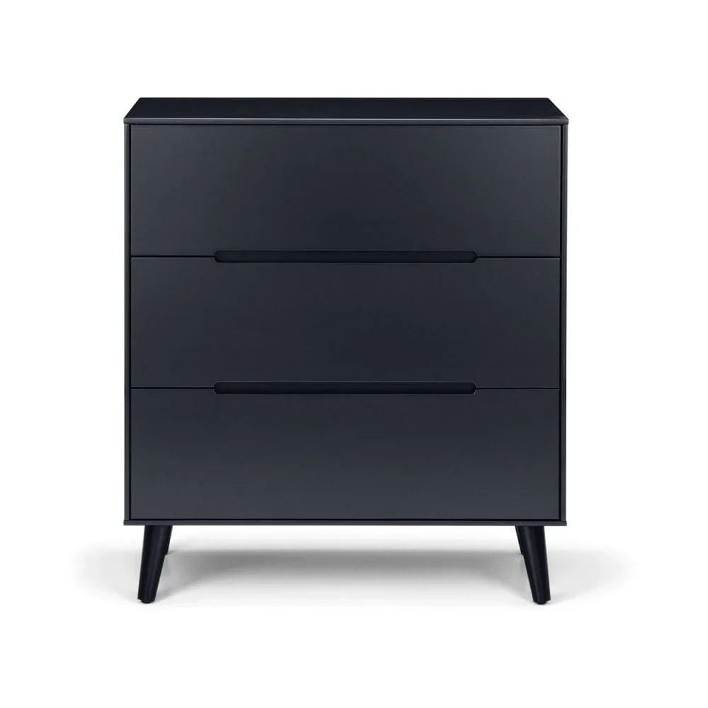 Black three drawer chest with angled legs and modern handle design
