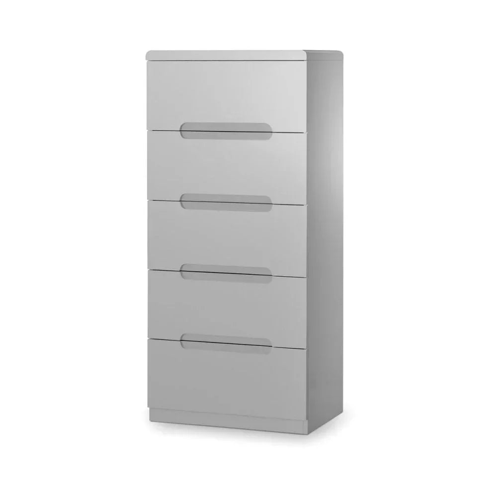 Modern grey chest of drawers with four handleless drawers, angled view