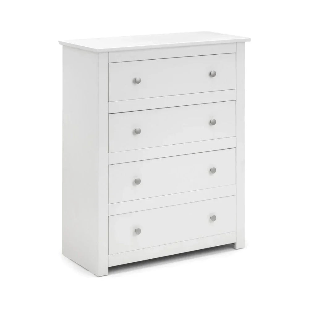 White chest of drawers with four drawers and silver knobs, angled front left view