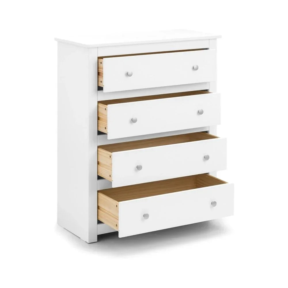 White chest of drawers with four pull-out drawers and round metal handles