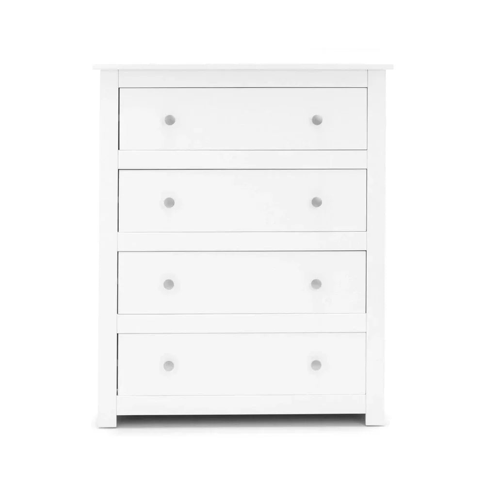 White chest of drawers with four spacious storage drawers and round knobs
