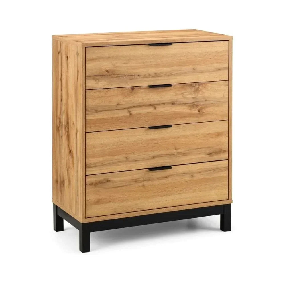 Oak wood chest of drawers with four drawers and black metal legs