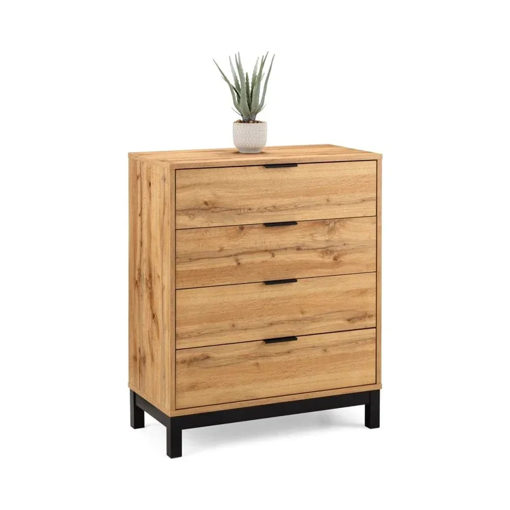 Oak wood chest of drawers with black metal legs and four drawers, small plant on top
