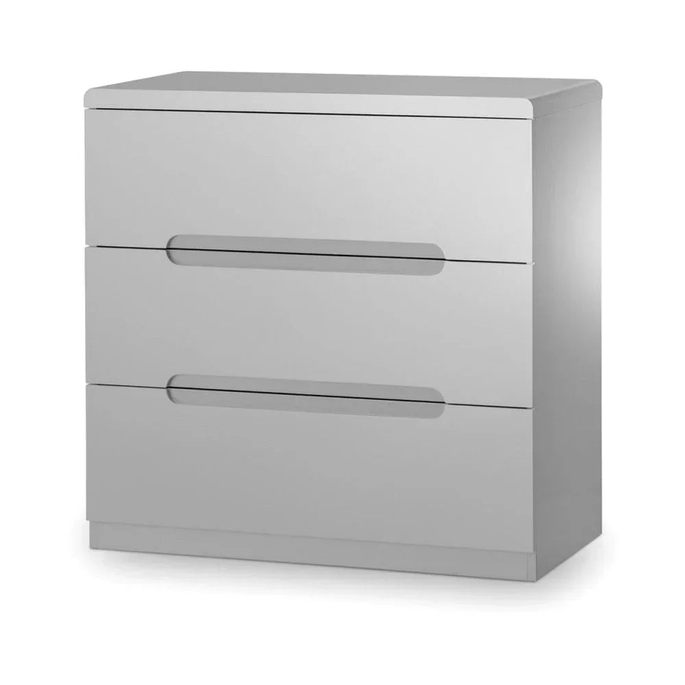 Modern grey chest of drawers with three wide handleless drawers, front view