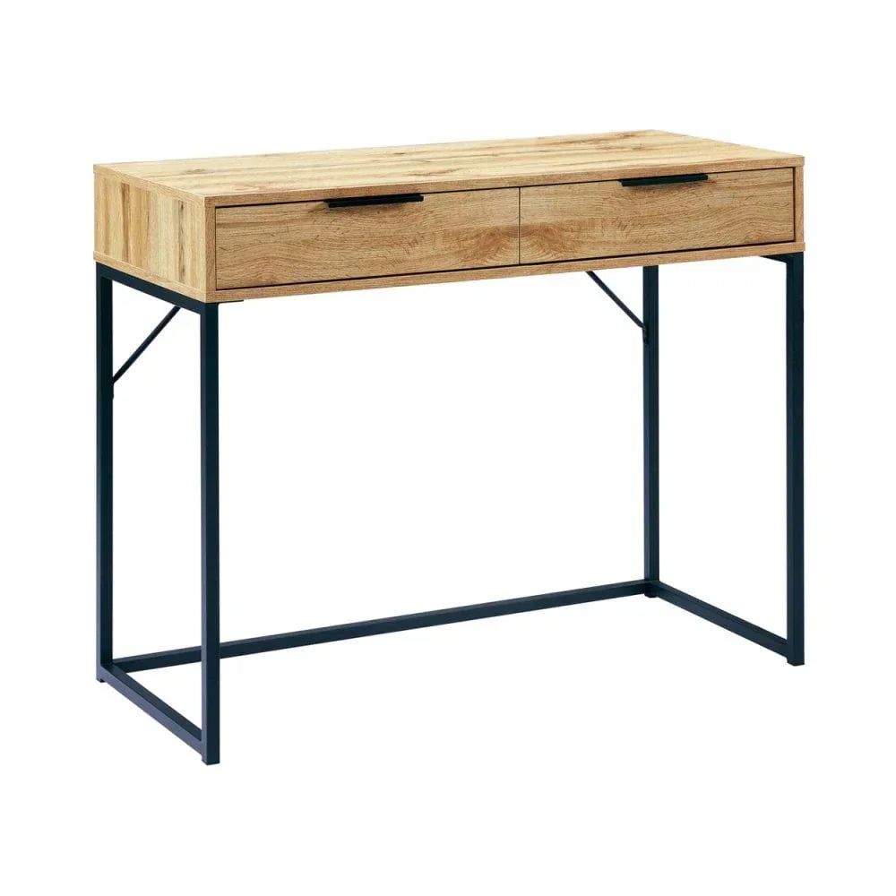 Oak effect desk with black metal legs and two drawers, modern home office furniture
