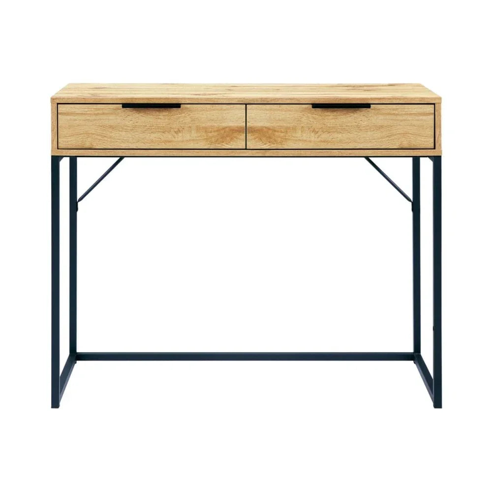 Modern wooden desk with two drawers and black metal frame, front view