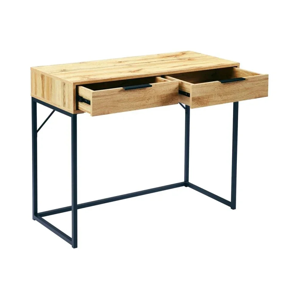 Oak desk with black metal frame and two open drawers, modern minimalist design