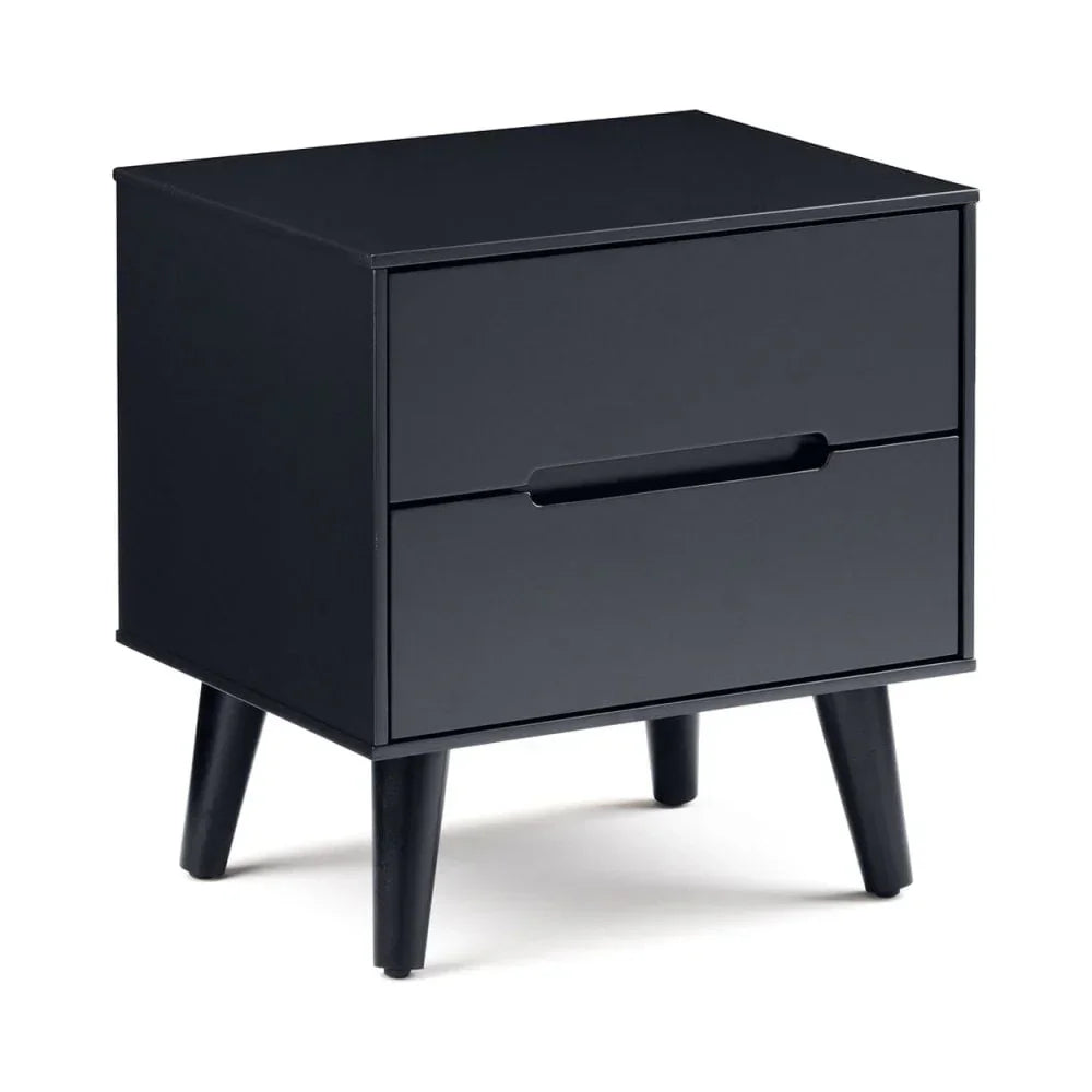 Black bedside table with two drawers and angled legs, modern bedroom furniture