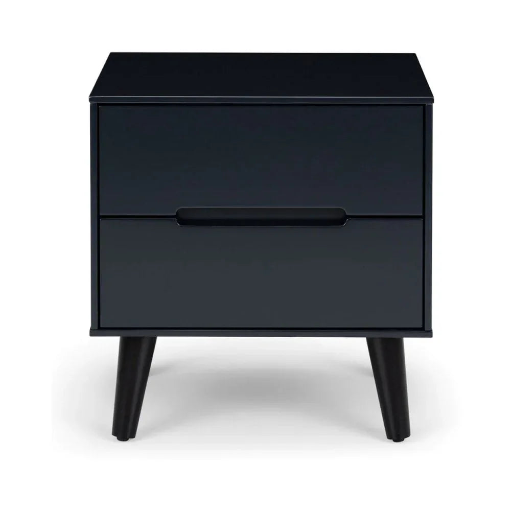 Black bedside table with two drawers and angled legs, front view