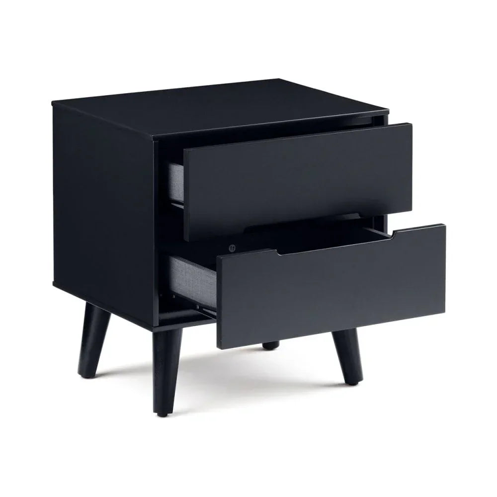 Black bedside table with angled legs and two open drawers