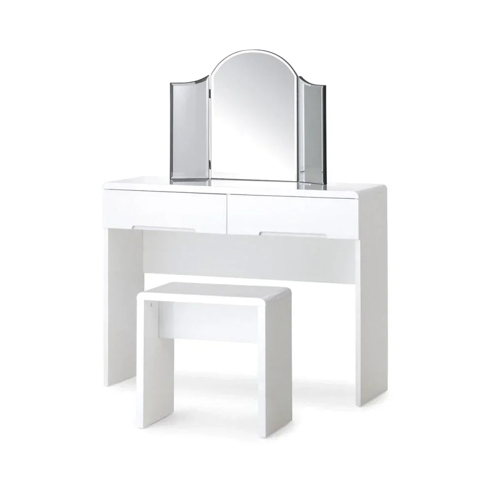 White dressing table set with two drawers, tri-fold mirror and matching stool
