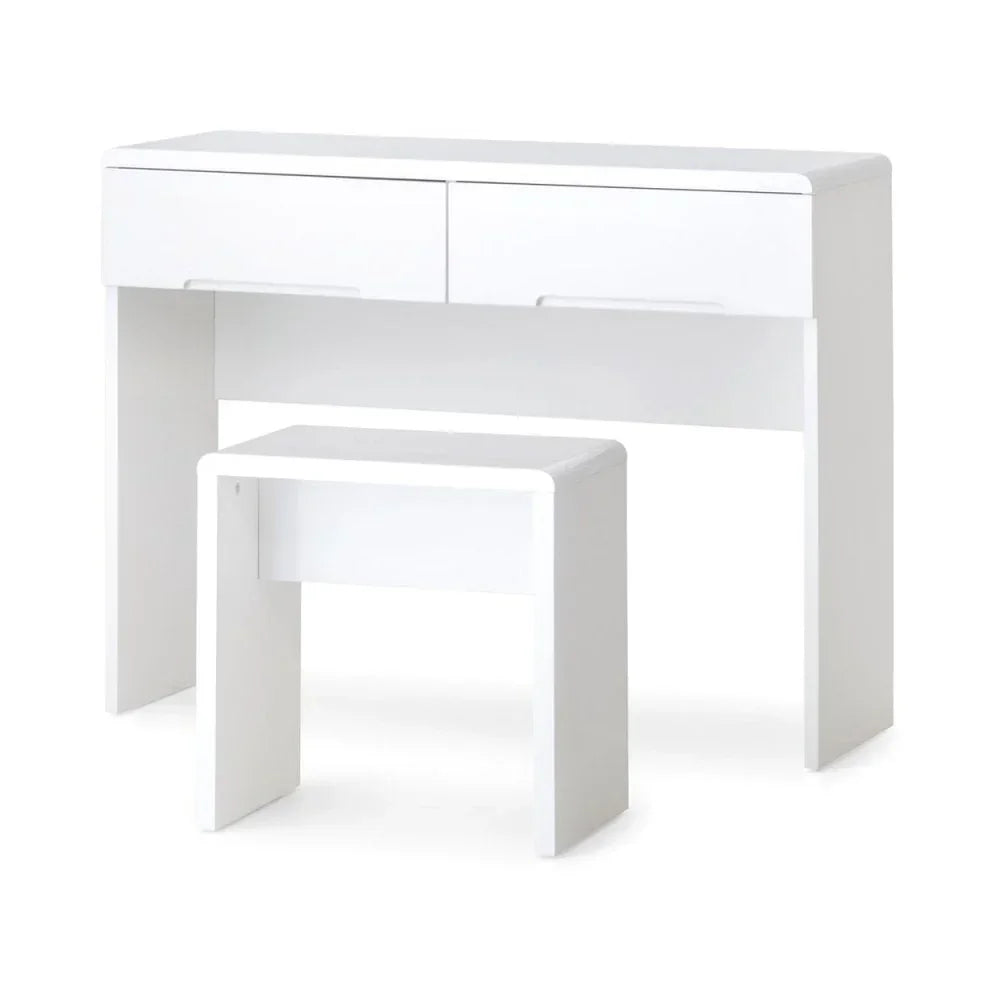 White dressing table with two drawers and matching stool, modern minimalist style