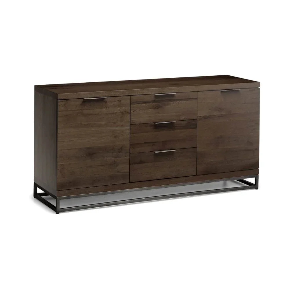 Dark wood sideboard with metal frame, three central drawers and two side cabinets