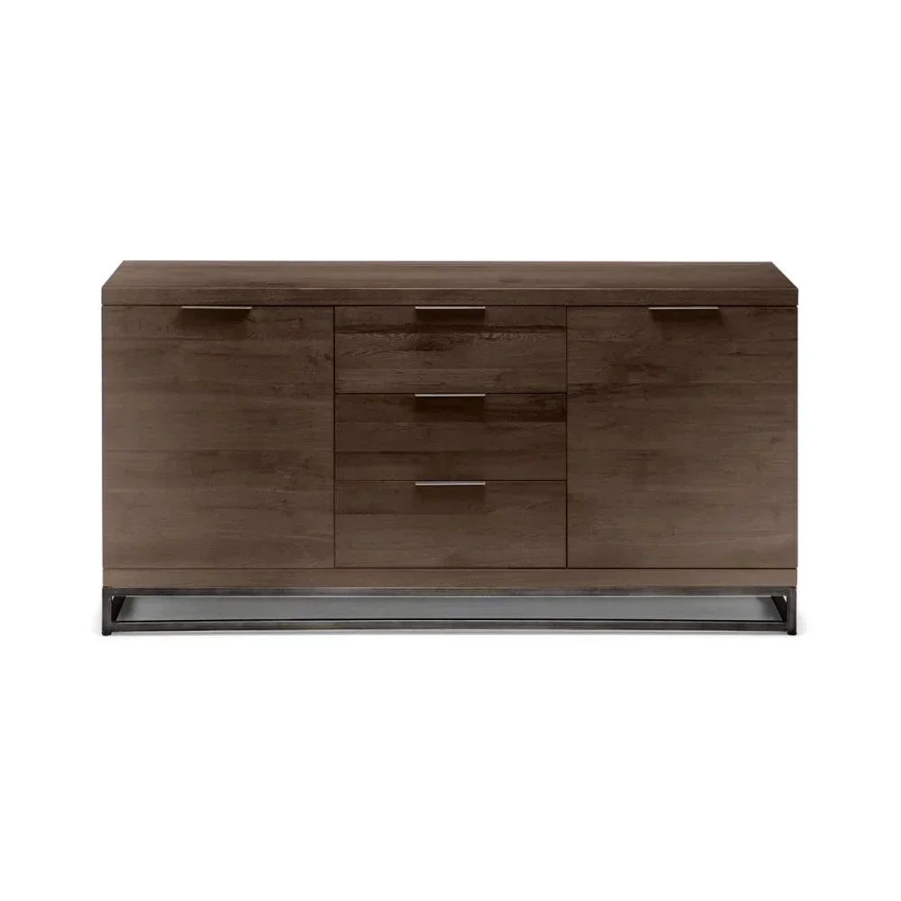 Modern wood sideboard with three centre drawers, two side cupboards and metal base trim