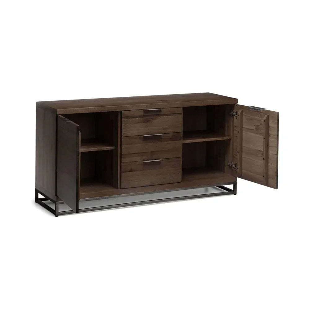 Dark wood sideboard with three central drawers, open shelves, and metal base