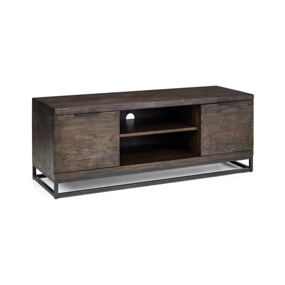 Dark wood TV unit with metal legs, two side cupboards, and center open shelves