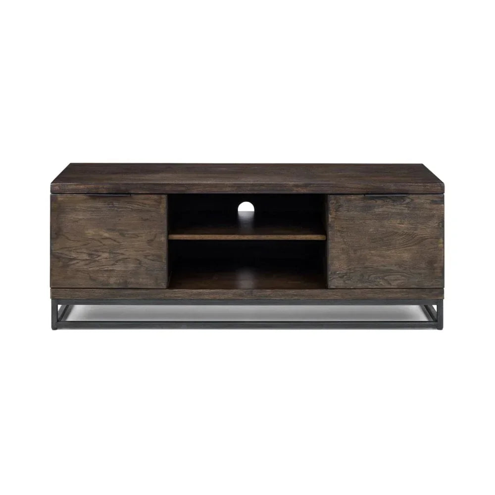 Dark wood TV unit with metal frame, two doors, open shelves, and cable management hole