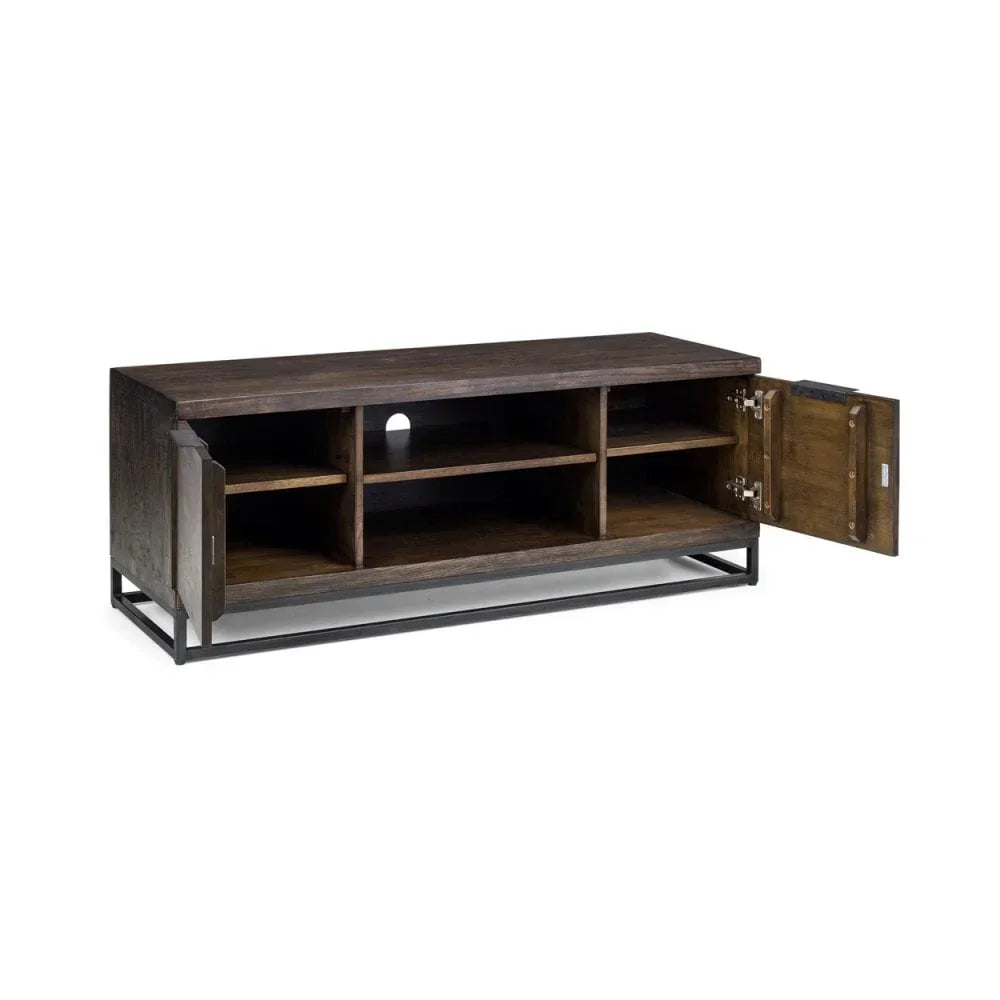 Dark wood TV unit with open shelves, two side cupboards, and black metal frame