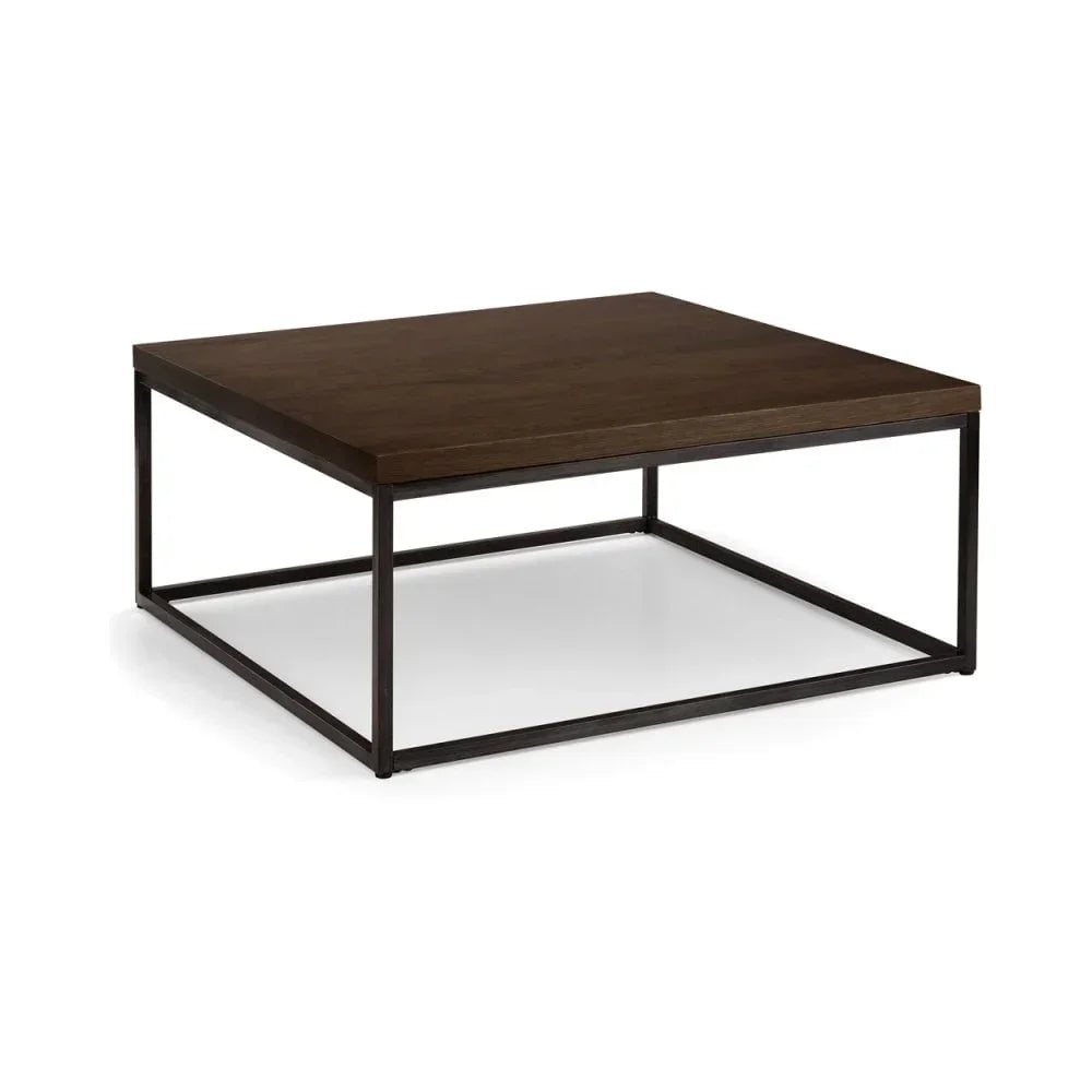 Square wood coffee table with black metal frame, modern minimalist design