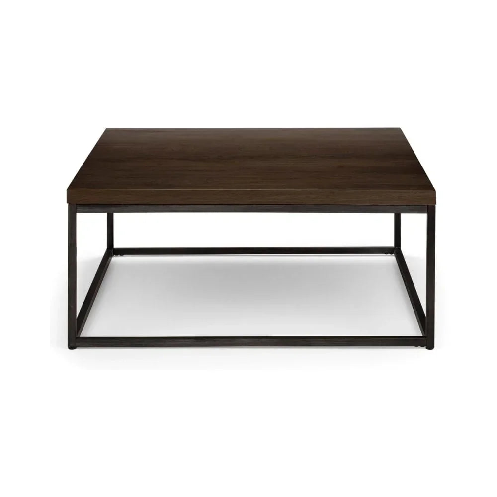 Rectangular dark wood coffee table with black metal frame, front view