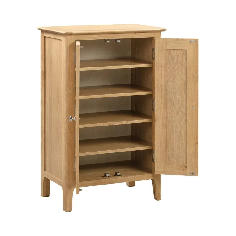 Oak storage cabinet with five shelves, open door and natural wood finish