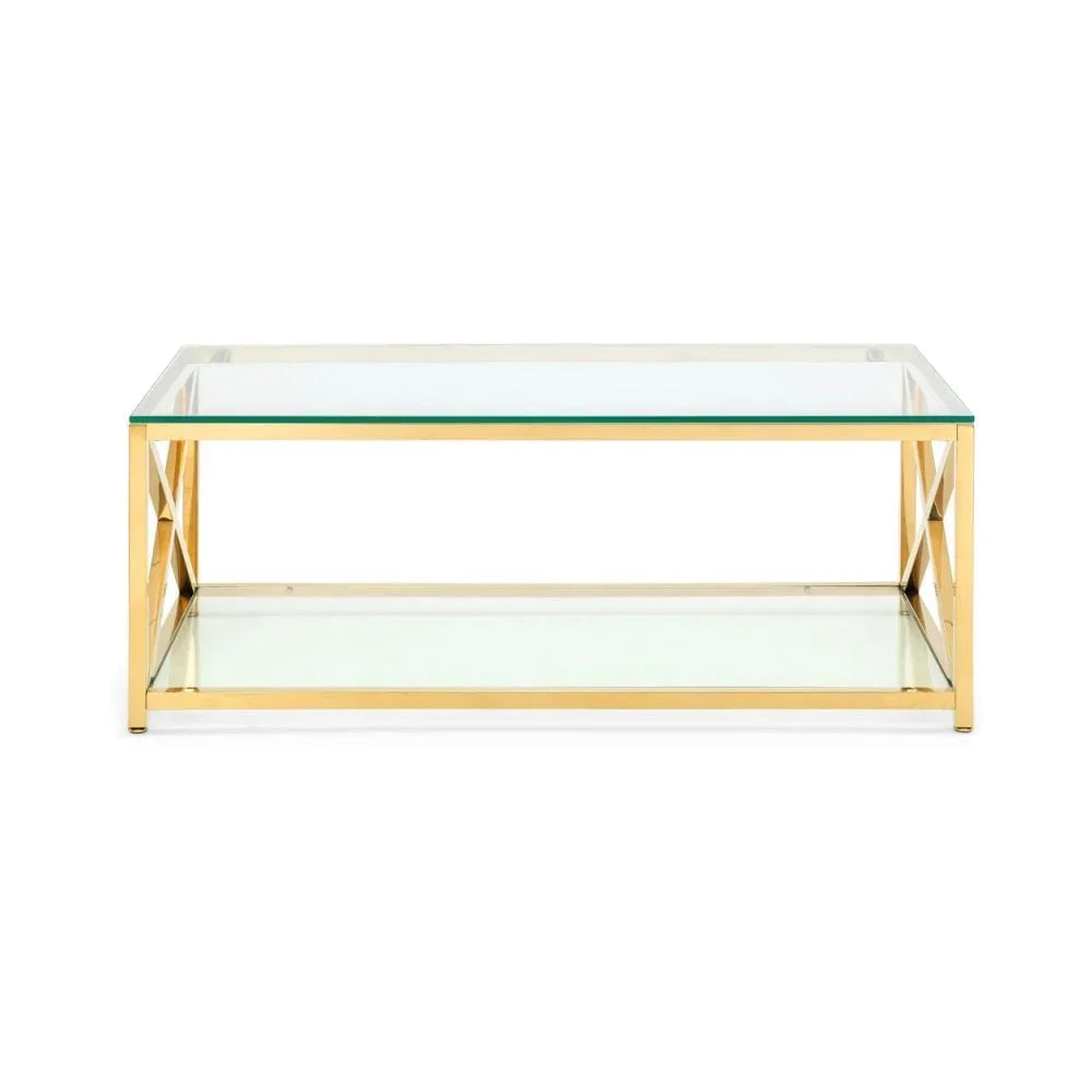 Rectangular glass coffee table with gold metal frame and lower glass shelf, front view