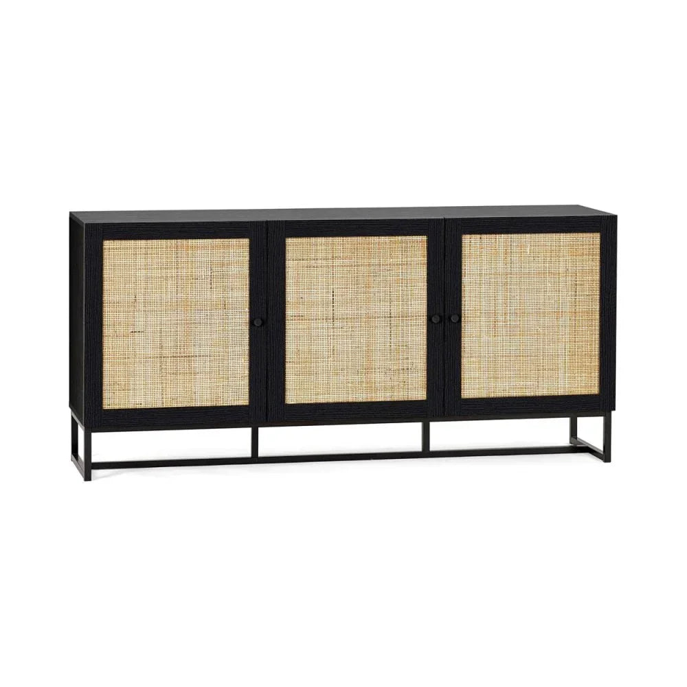 Black wood sideboard with three natural rattan doors and metal base