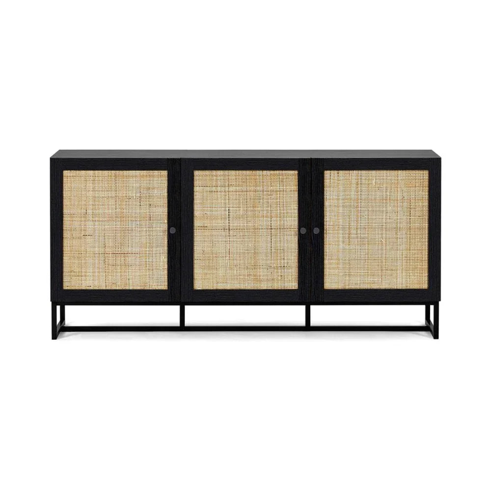 Black sideboard with natural rattan front panels and metal legs, front view