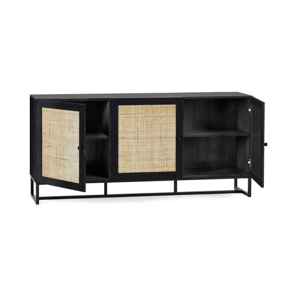 Black wooden sideboard with rattan cabinet doors and open shelving shown from front angle