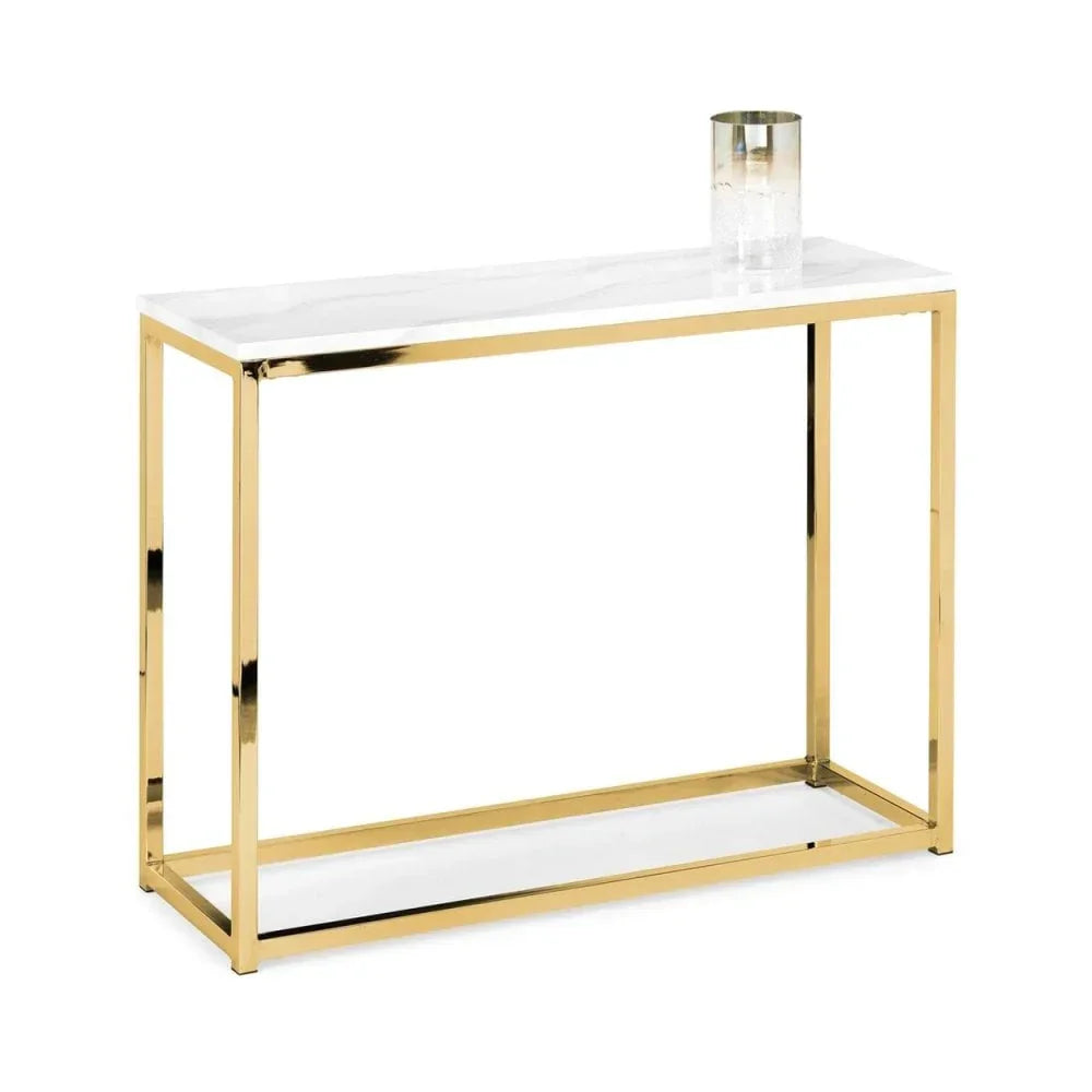 Gold metal console table with white marble top and glass decor accent