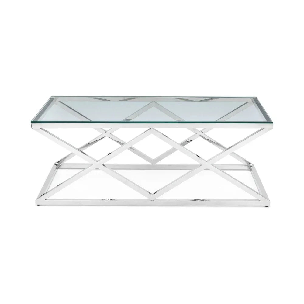 Rectangular glass coffee table with chrome geometric metal base