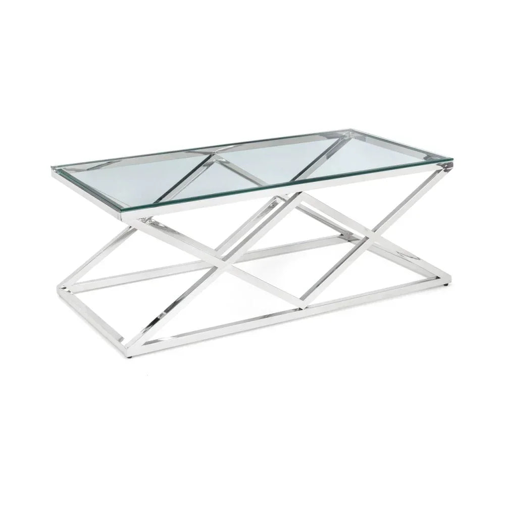 Modern glass coffee table with chrome X-frame base on white background