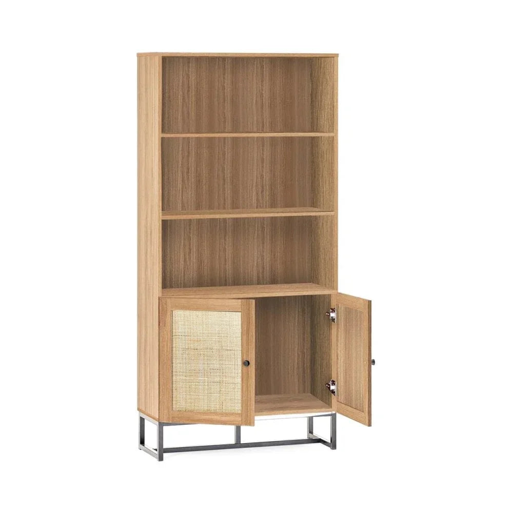 Oak bookcase with three open shelves and cabinet doors on metal frame base