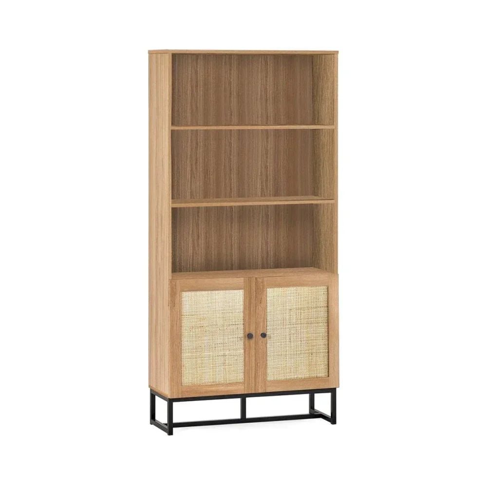 Wooden bookcase with two rattan doors and metal legs, featuring three open shelves