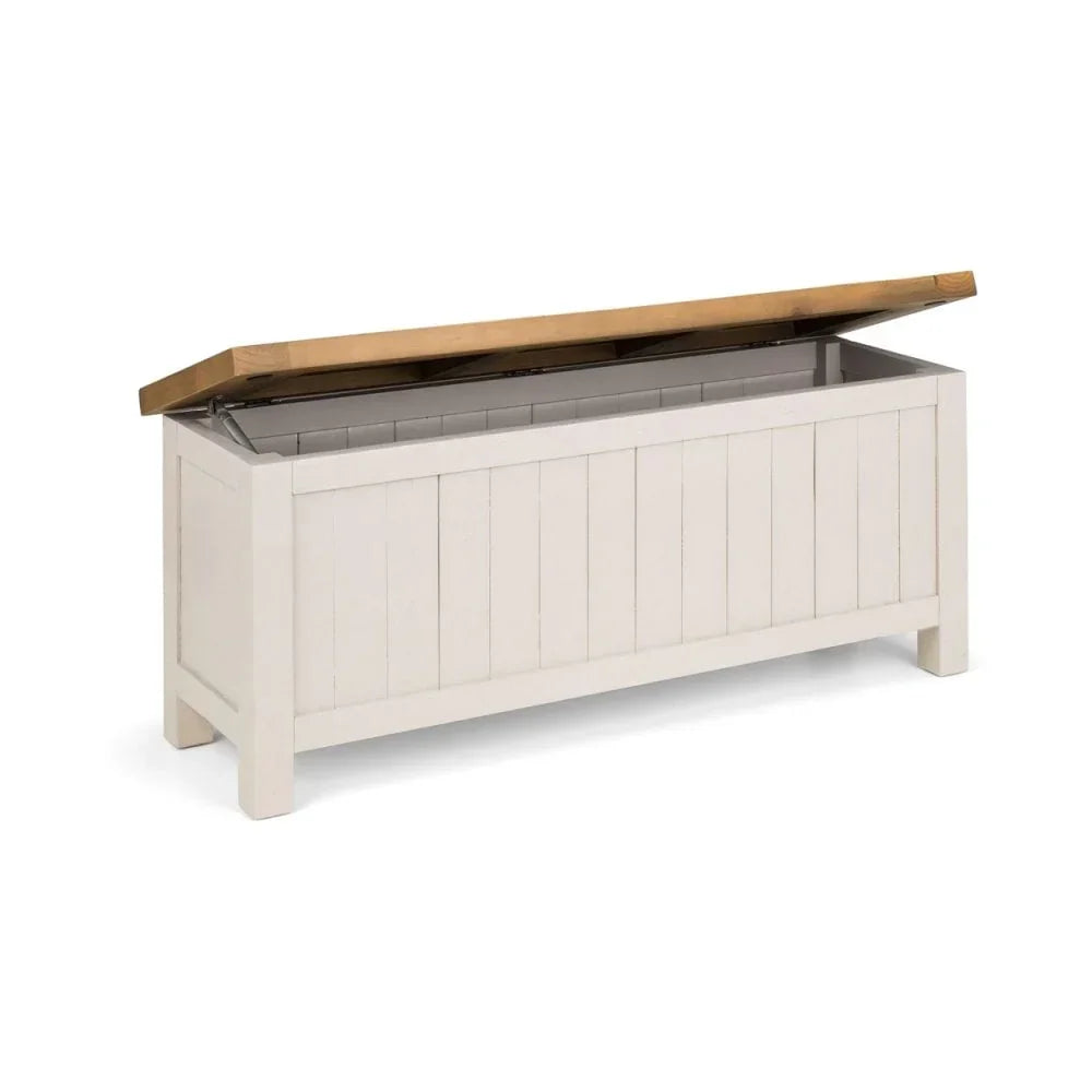 White wooden storage bench with open hinged lid and panel design front