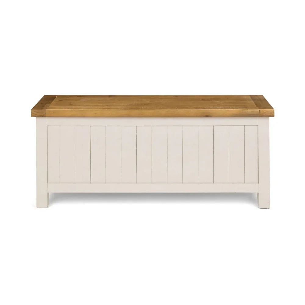 White wooden storage bench with natural oak lid, panel front, shown on plain background