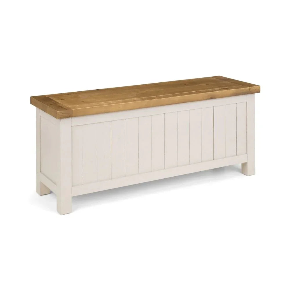 Wooden storage bench with white panelled base and natural oak seat lid