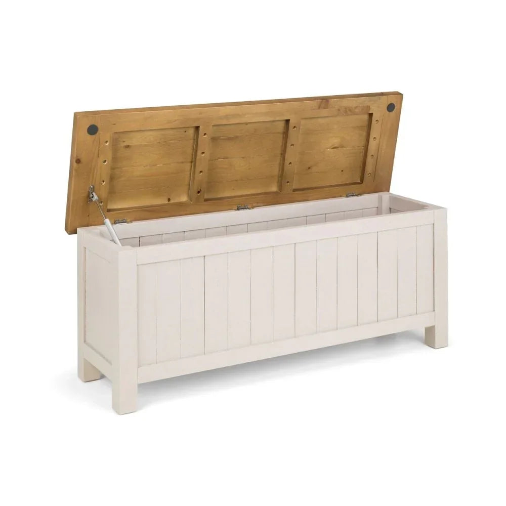 Wooden blanket box with white paneled body and hinged natural wood lid open
