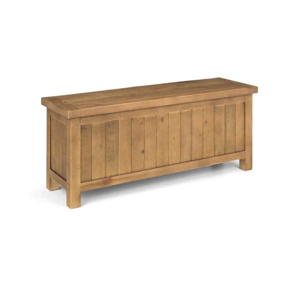 Wooden storage bench with paneled design and natural finish on white background