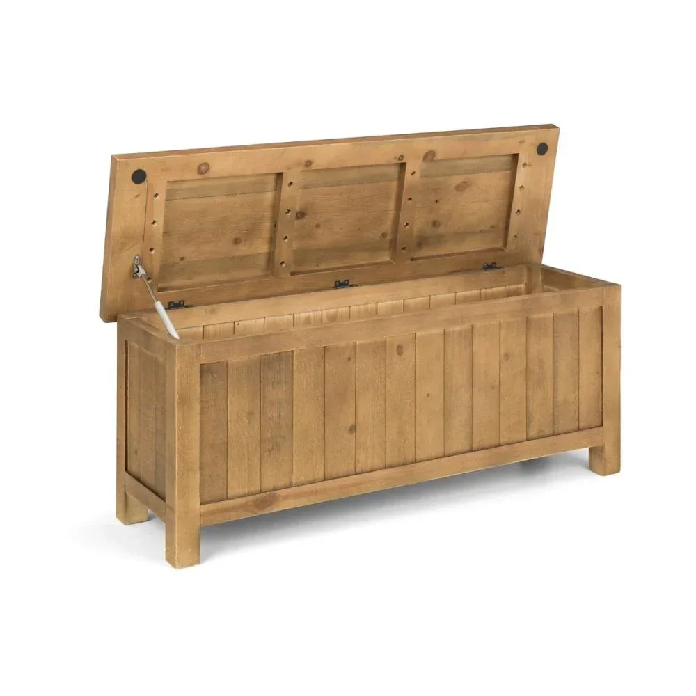 Wooden storage bench with hinged lid and panel design, shown open at an angle