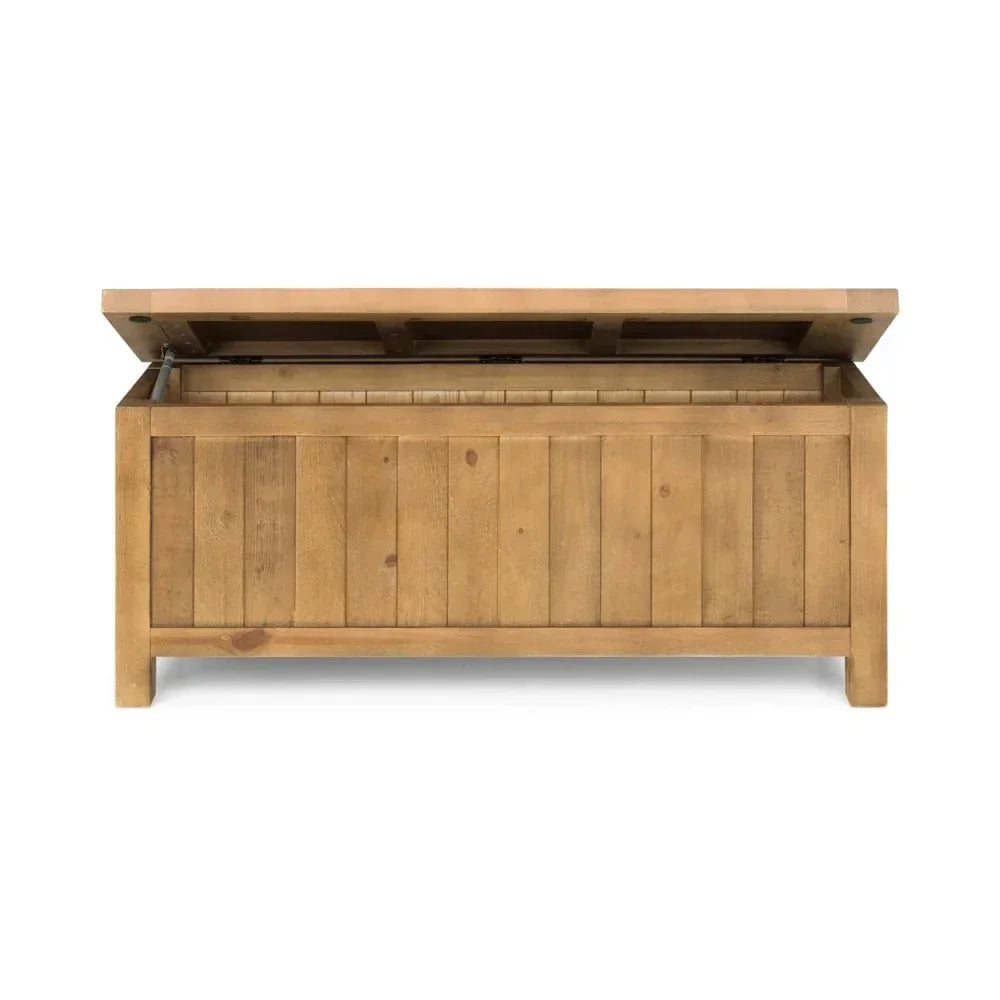 Wooden storage bench with flip-top lid and panelled front in natural finish