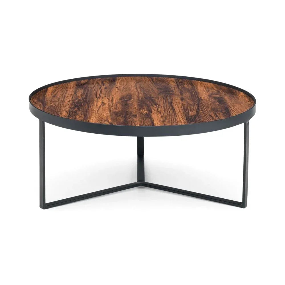 Round coffee table with dark wood top and black metal frame, modern living room furniture