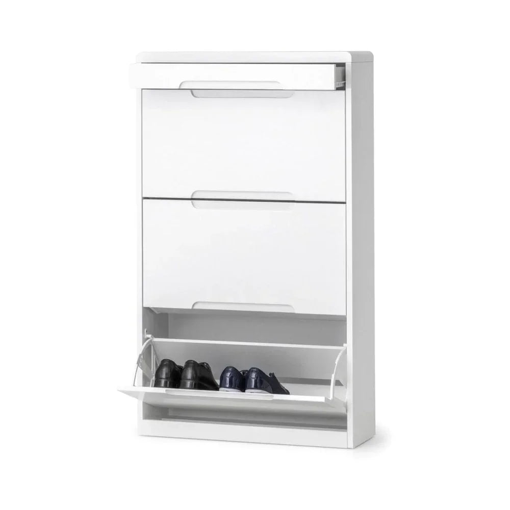 White shoe cabinet with three compartments, lower drawer open showing shoes stored inside