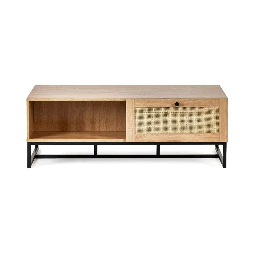 Wood coffee table with open storage shelf, rattan drawer front and black metal legs