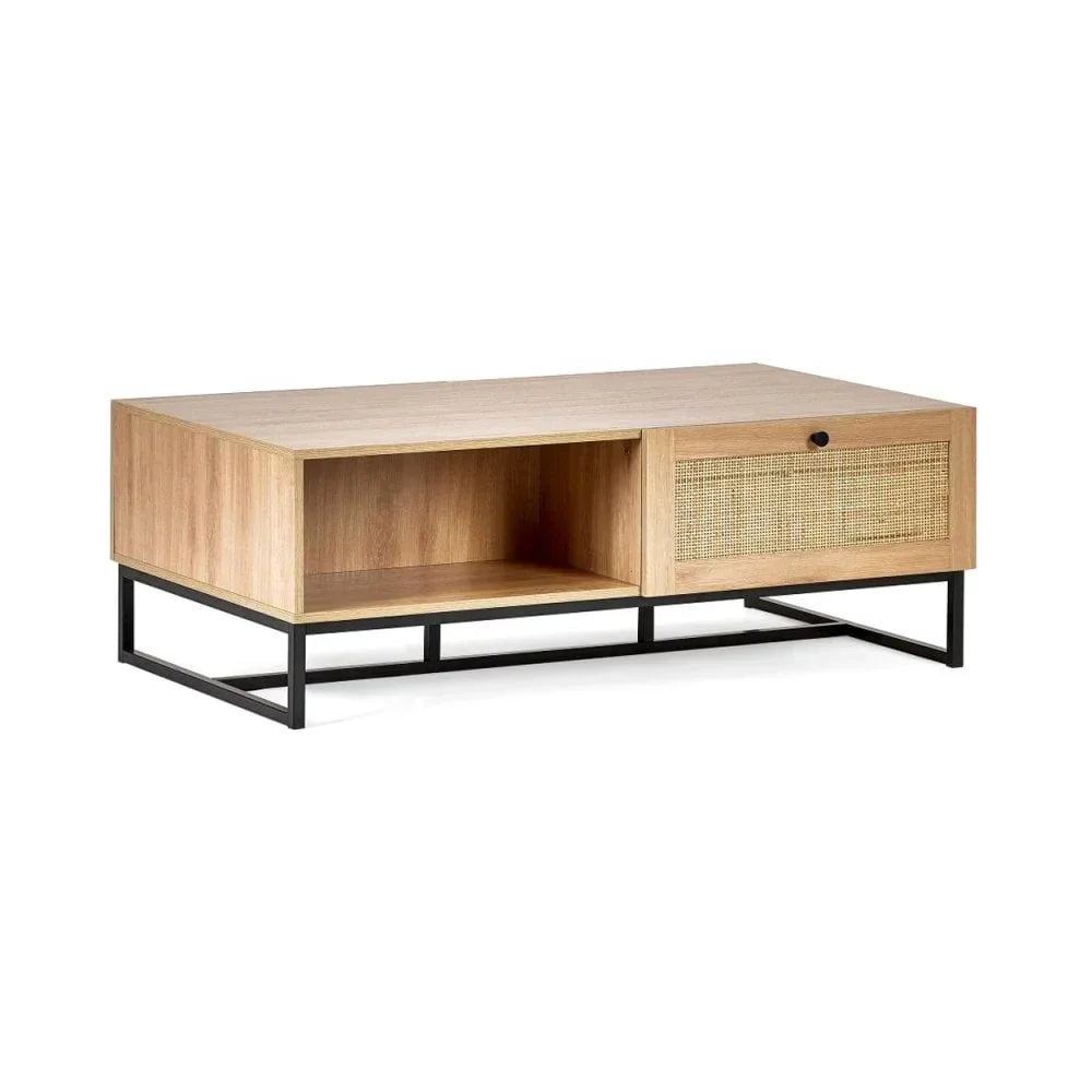 Oak coffee table with open shelf, rattan drawer and black metal base