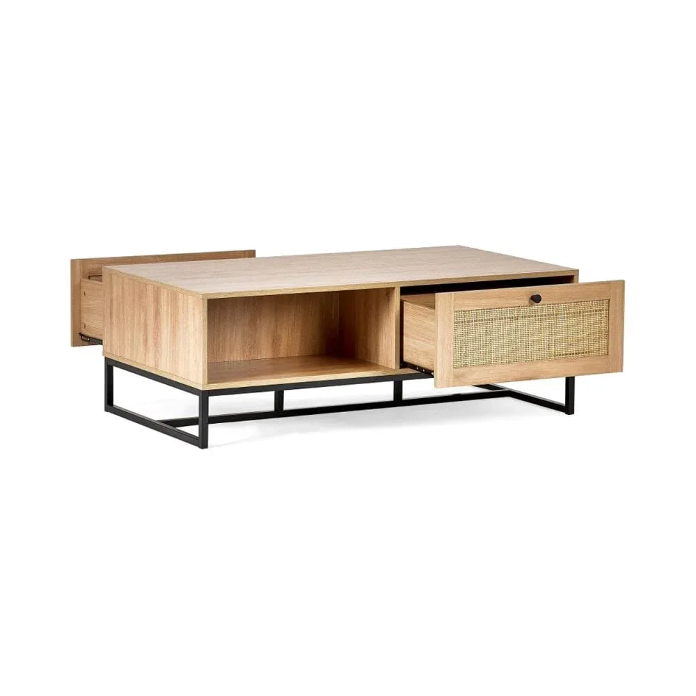 Oak coffee table with black metal frame, open shelves and two pull-out drawers