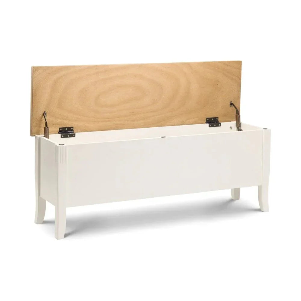 White wooden storage bench with hinged lid open, showing interior compartment