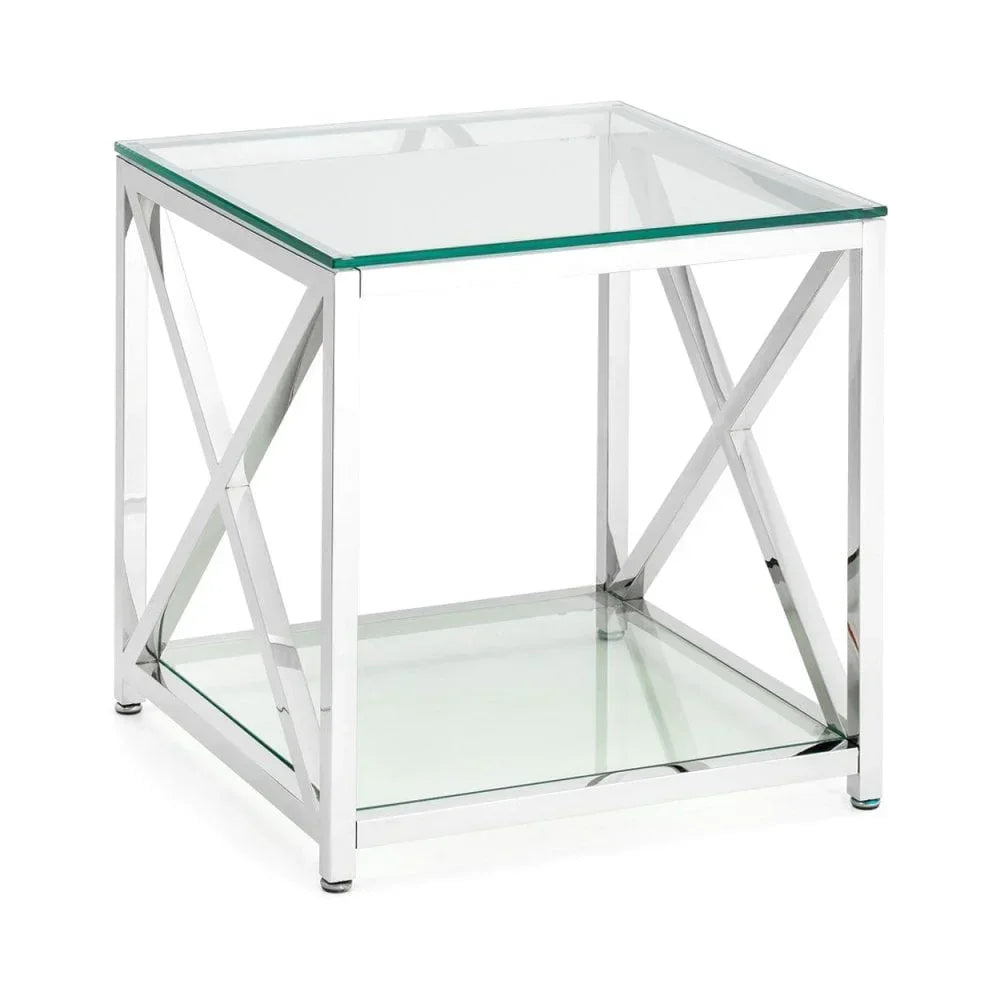 Glass side table with chrome metal frame and lower glass shelf, modern square design